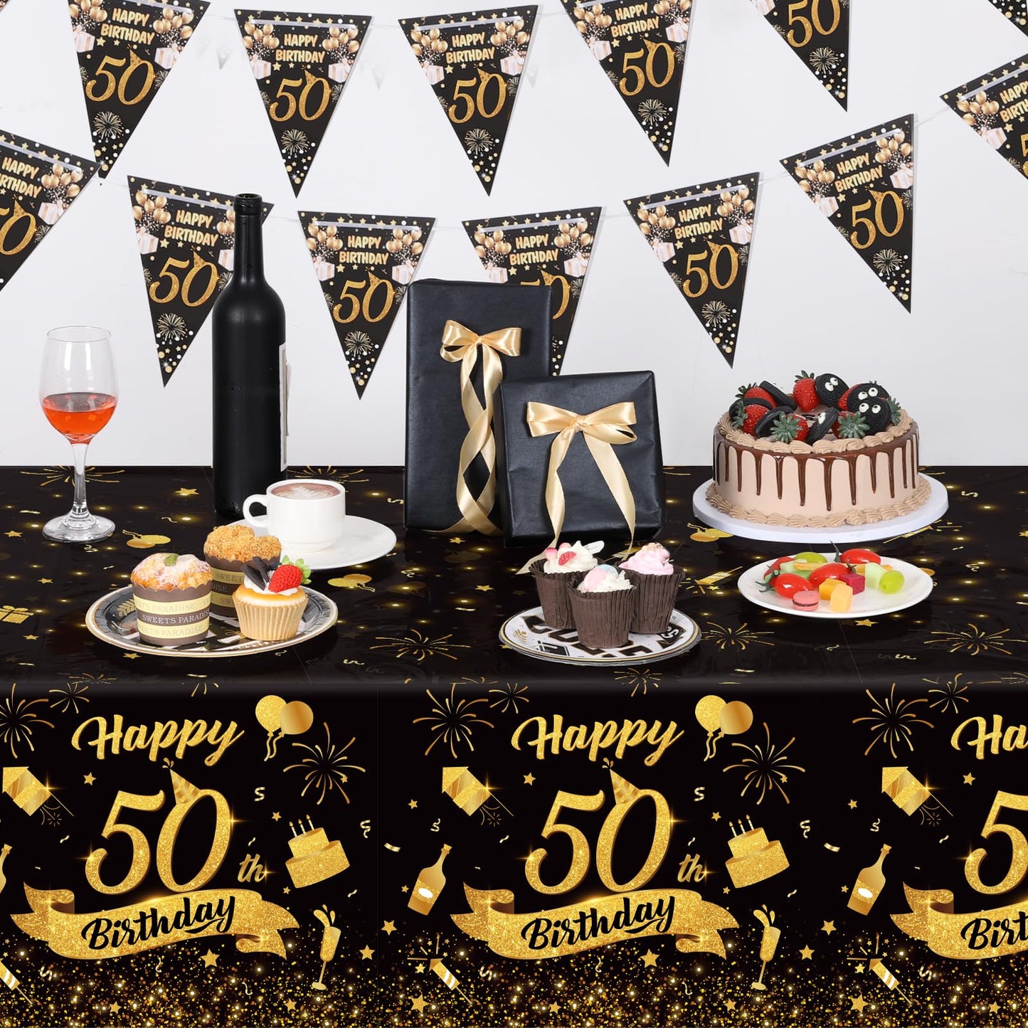 NatNarr 3 Pack 50th Birthday Tablecloth, Plastic Black Gold Table Cloths 50th Birthday Table Cover, Disposable Rectangle Table C
