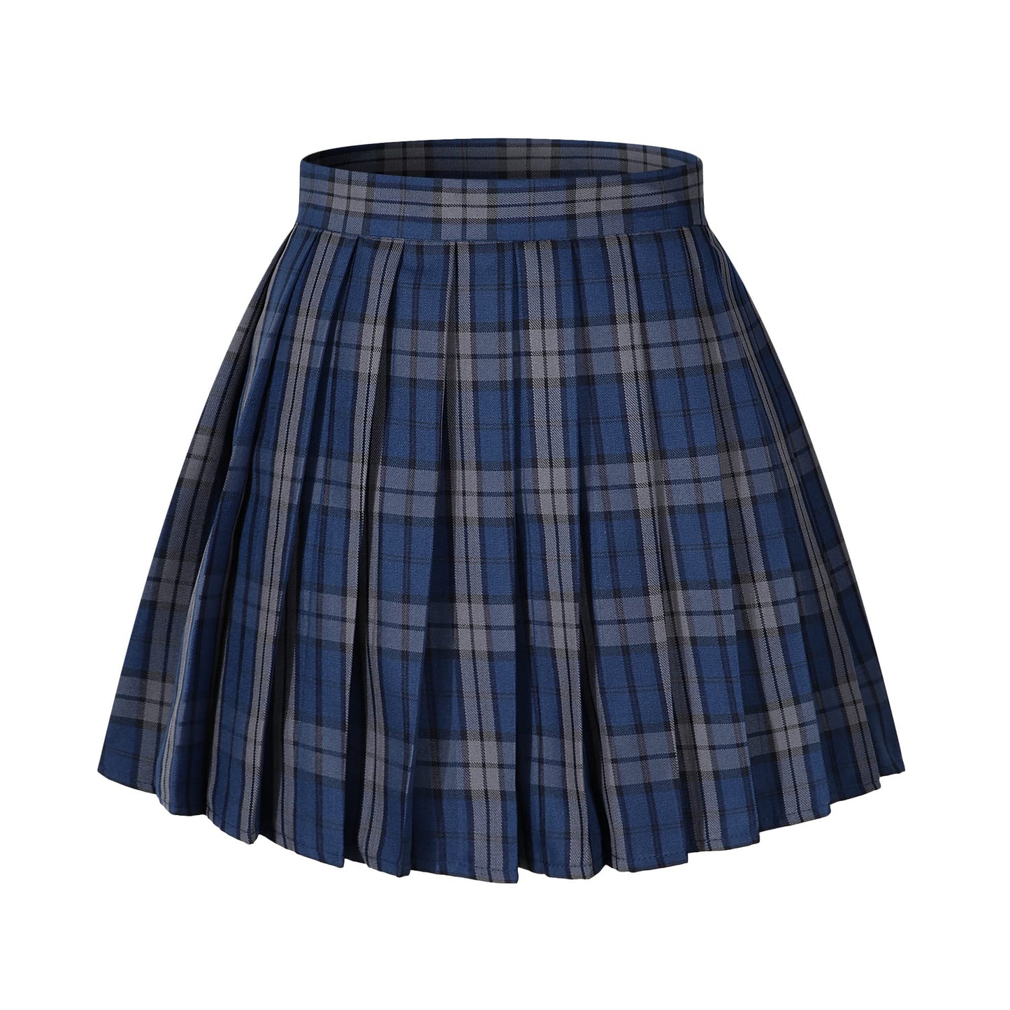 Womens Short Pleated Plaid Costumes Skirt(Blue White Mixed Black,2XL)