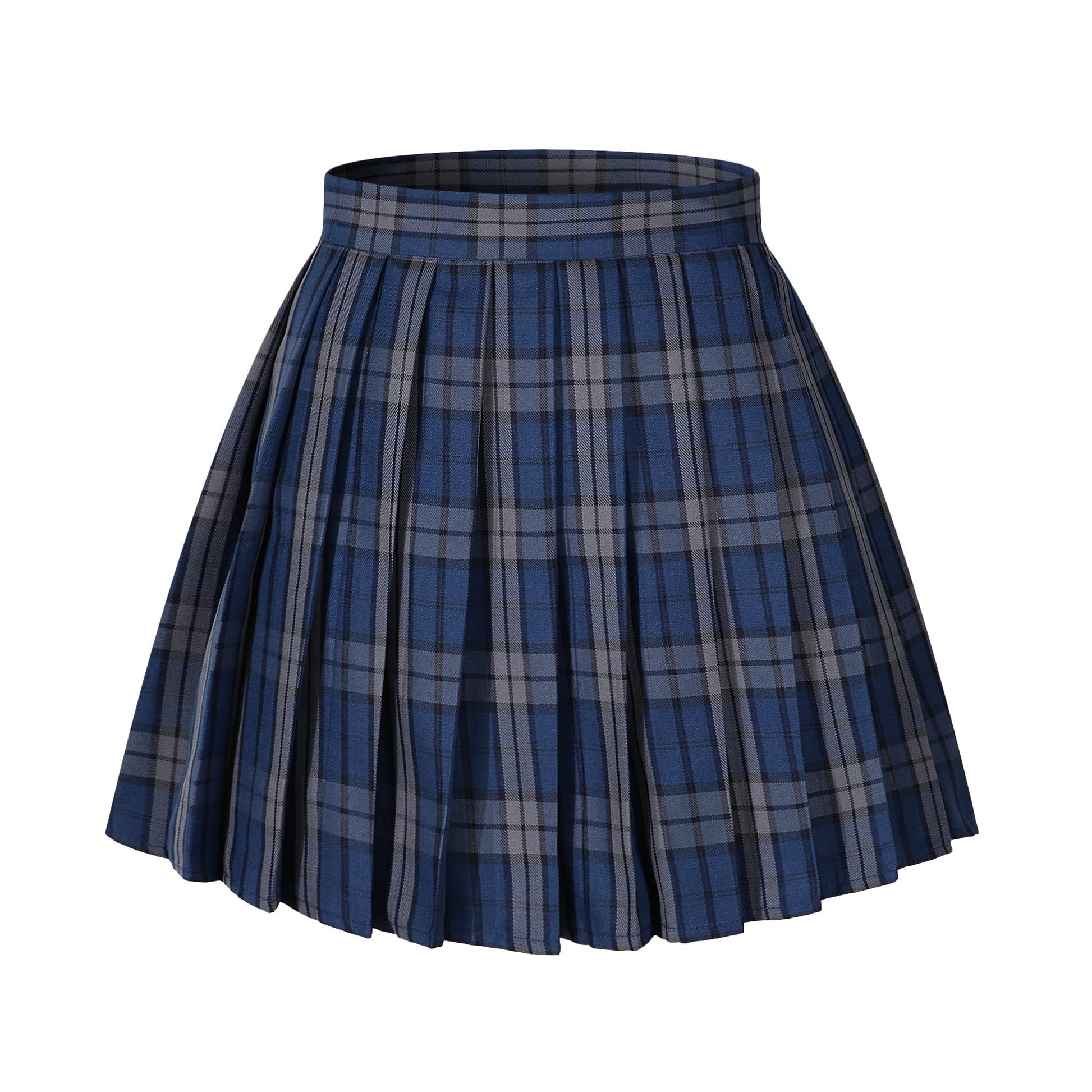 Womens Short Pleated Plaid Costumes Skirt(Blue White Mixed Black,2XL)