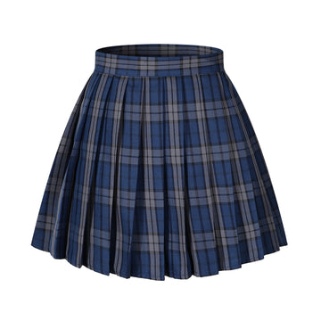 Womens Short Pleated Plaid Costumes Skirt(Blue White Mixed Black,2XL)