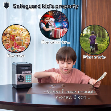 Evthsu Black Electronic Atm Safe Piggy Bank For Kids - Real Money Savings Coin Bank With Code Lock & Password, Gift Money Box Fo
