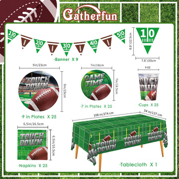 Football Party Supplies Kit Serve 25, Includes Disposable Dinner Plates, Dessert Plates, Napkins, Cups,And Football Tablecloth,