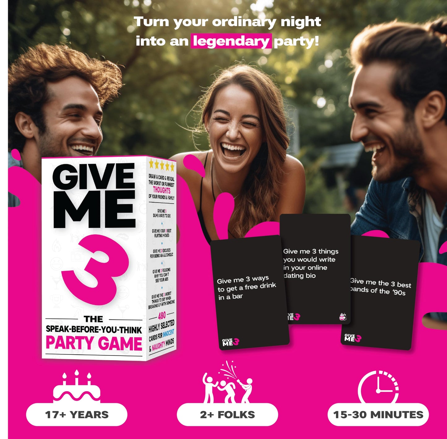 SAVANA Give Me 3 Card Game - Fast Paced Adult Party Game for 2+ Players, Standard Size, Cardboard, White/Black/Pink, Model GM3-US-01