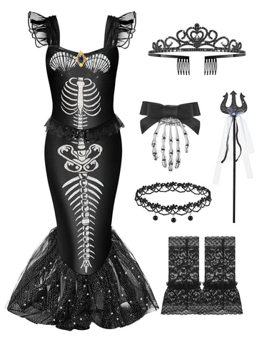 Liitrsh 6 Pcs Girls Halloween Skeleton Costume For Kids Fishtail Mermaid Dress With Accessories For Toddler Cosplay(10,Black)