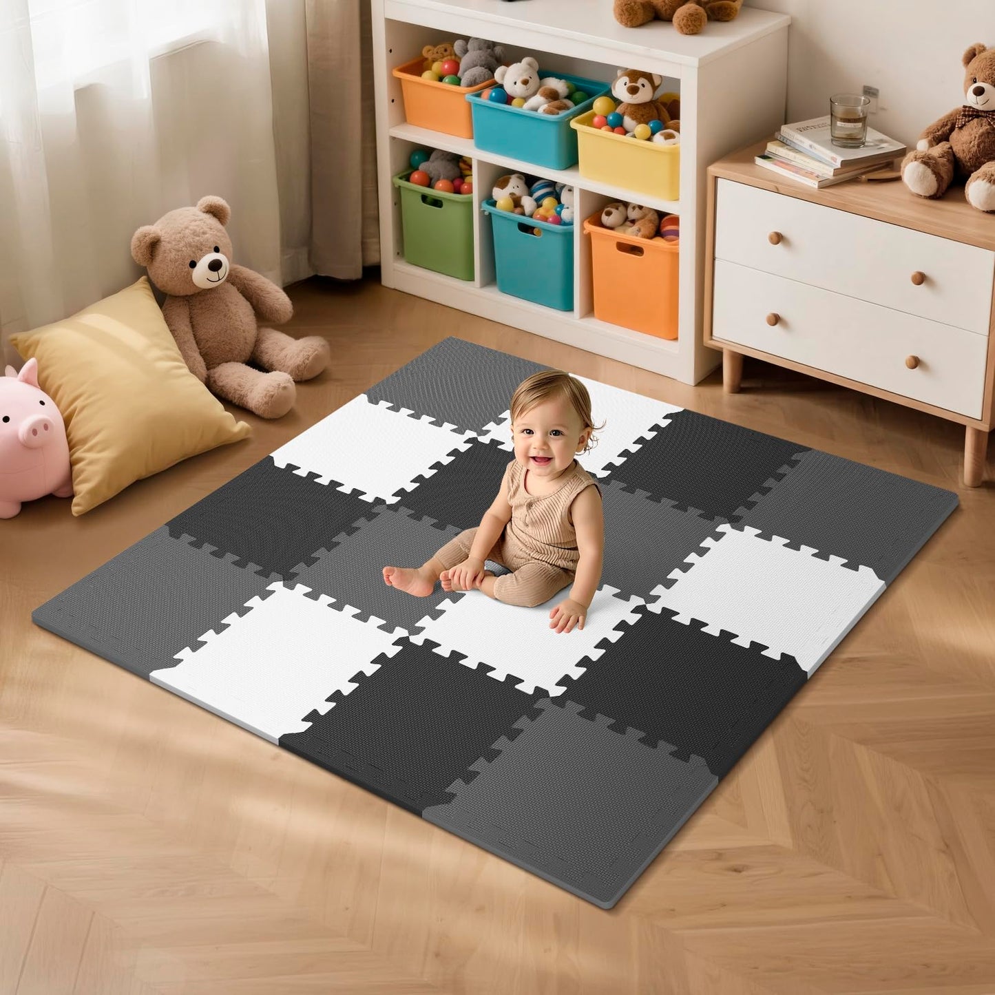 16 Tiles Baby Play Mat for Floor  EVA Foam Baby Floor Play Mat with 0.6 Inch Thick Interlocking Foam Tiles  Foam Floor Tiles for Baby  Toddlers and Kids (Gray-White- Black  16PCS)