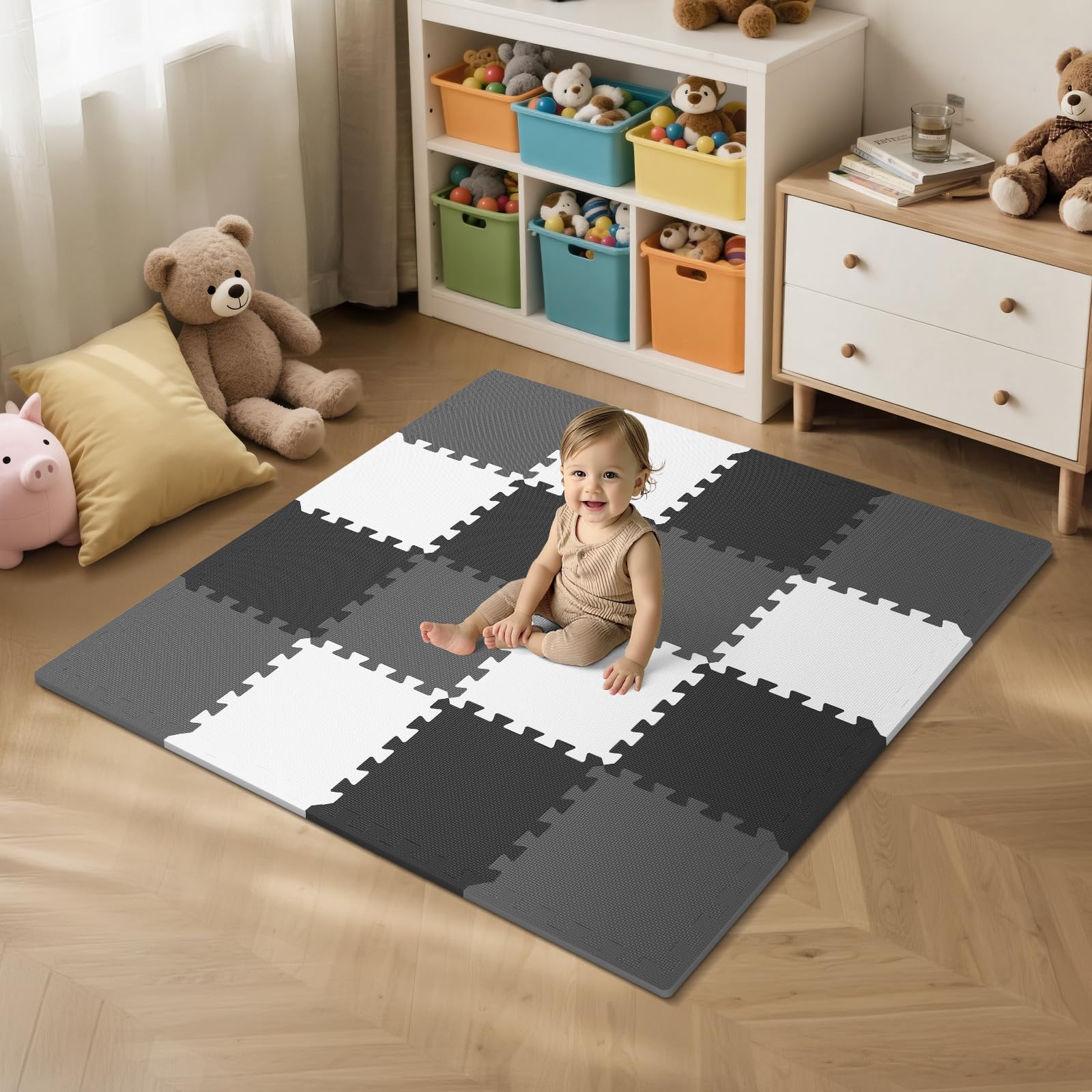 16 Tiles Baby Play Mat for Floor  EVA Foam Baby Floor Play Mat with 0.6 Inch Thick Interlocking Foam Tiles  Foam Floor Tiles for Baby  Toddlers and Kids (Gray-White- Black  16PCS)