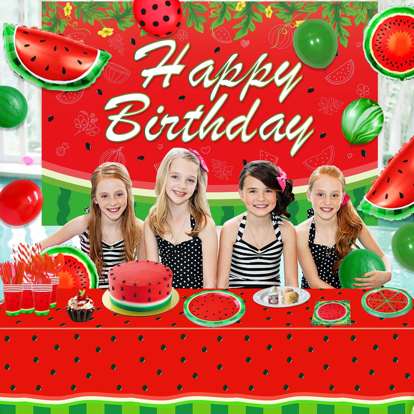 LKITMIUT Watermelon Party Supplies Set - 215 Pack Decor with Plates, Balloons, Backdrop, Tablecloth & Napkins for One In A Melon Theme