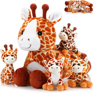 Honoson 5 Pcs Giraffe Stuffed Animals Set 18'' Large Mommy Giraffe Plush With 4 Cute Baby Giraffes Zippered Tummy Soft Giraffe G