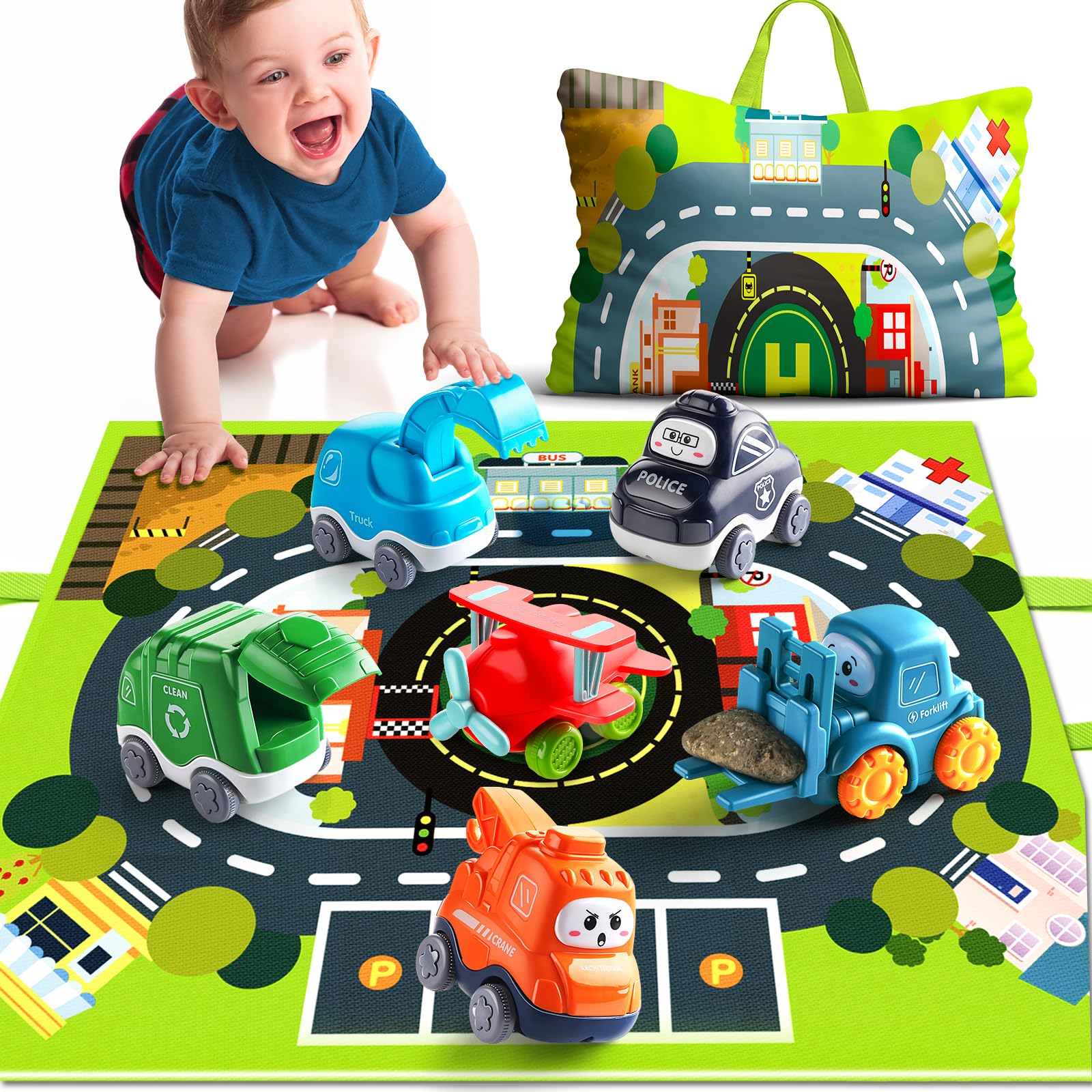 Truck Car Construction Vehicle Toys For 1 Year Old Boy With Playmat (Storage Bag)|Baby Toys 12-18 Months|Toddler Toys Age 1-2|Fi