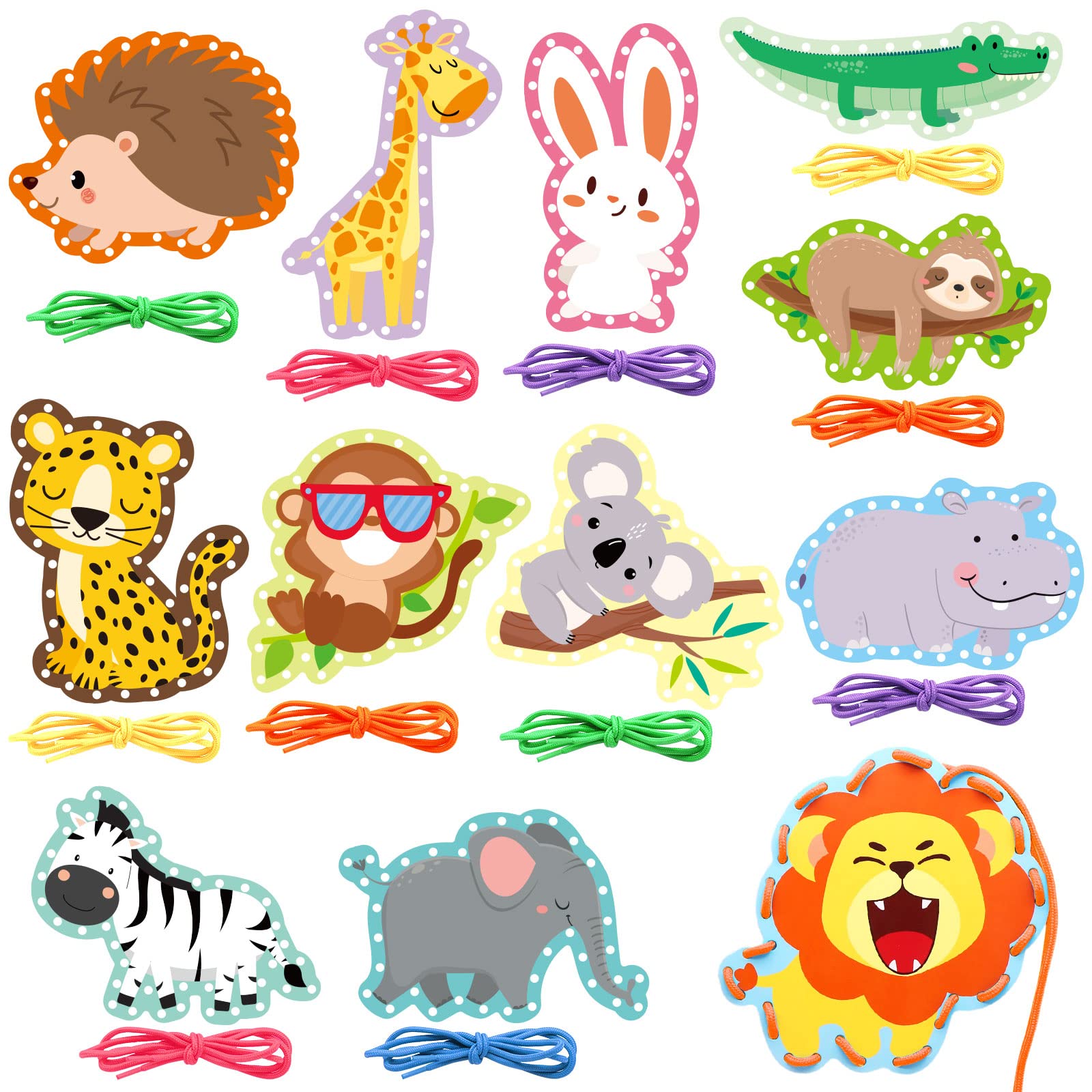 Jungle Animal Lacing Cards 12 Pack Sewing Kits for Kids Lion Wild Animal Cardboard Double Side Kids Sewing Cards Lacing Playing 