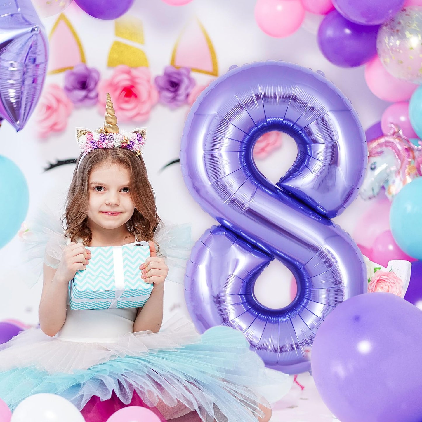 AIQINHU Purple Foil Number 8 Balloon, 40 Inch Giant Mylar for 8th Birthday Party Decorations