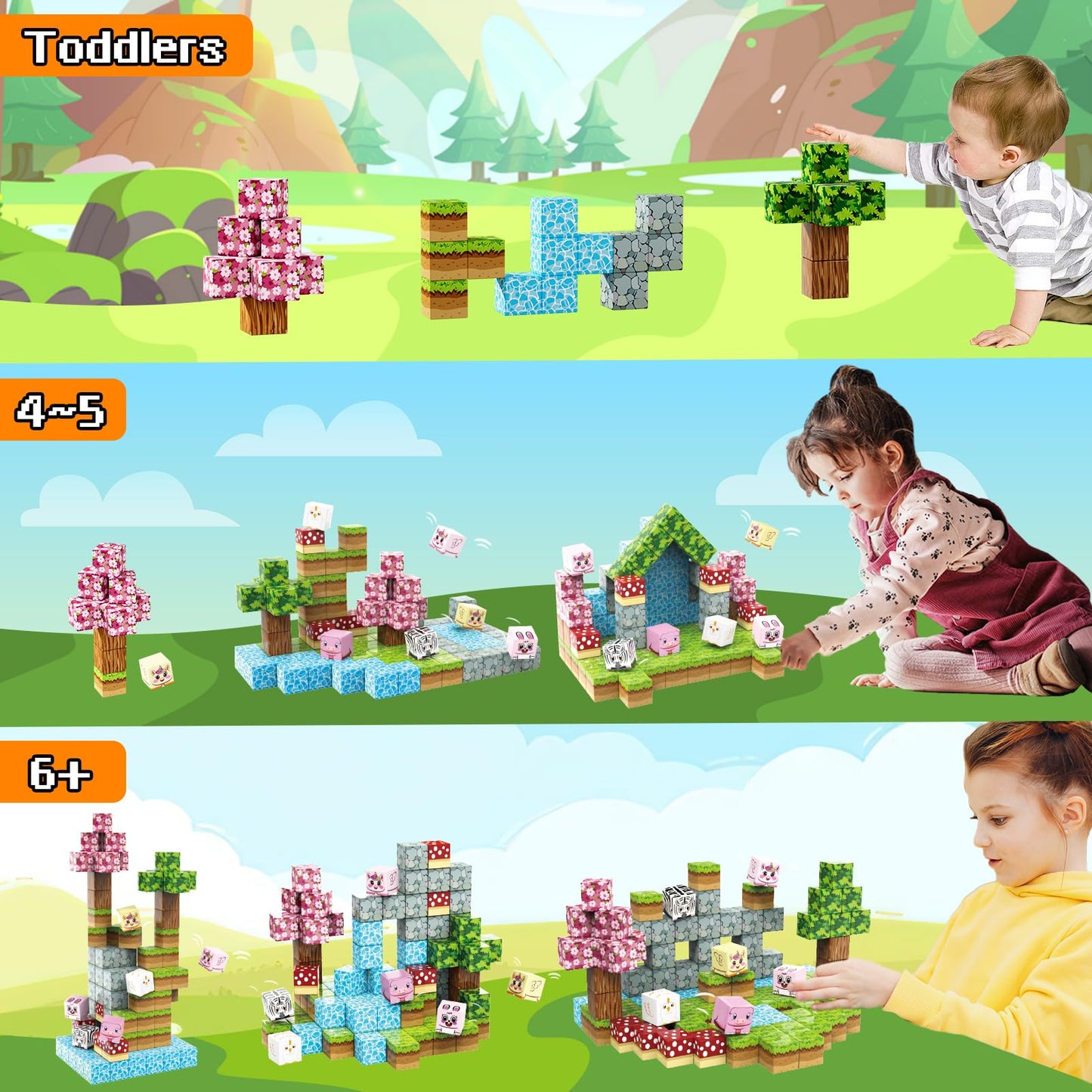 Magnetic Blocks Building Toys,108Pcs Magnetic Building Blocks,Magnets Cubes Garden Set,Toddler Stem Sensory Construction Toys 3