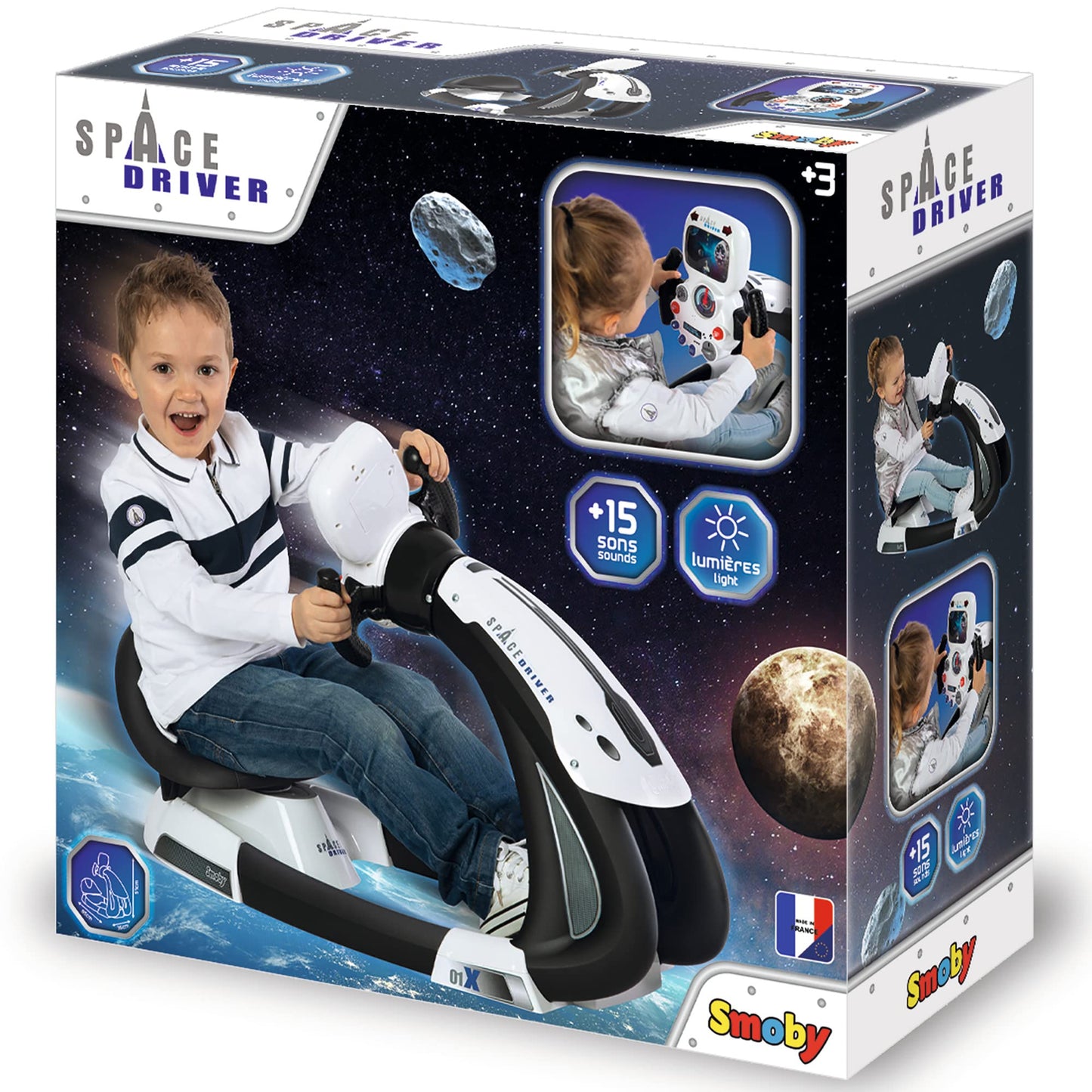 Space Drive - Black, Children'S Space Ship Simulator, Smoby, Ages 3+, 3 Driving Positions, Electronic Steering Wheel W/Animated Circuit Backlit Screen
