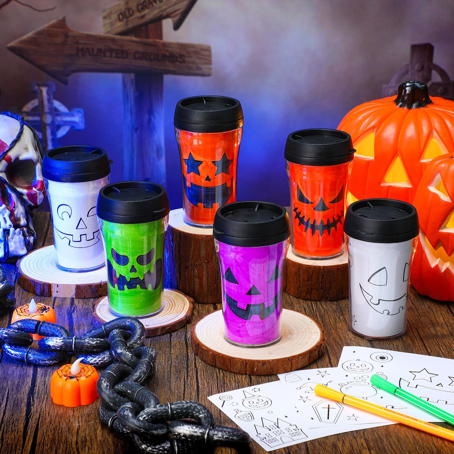 Yiyiring 12 Set Color Your Own Jack O Lantern Panting Cups - 10 oz Plastic Mug Crafts for Halloween Party Gifts & Home Project A