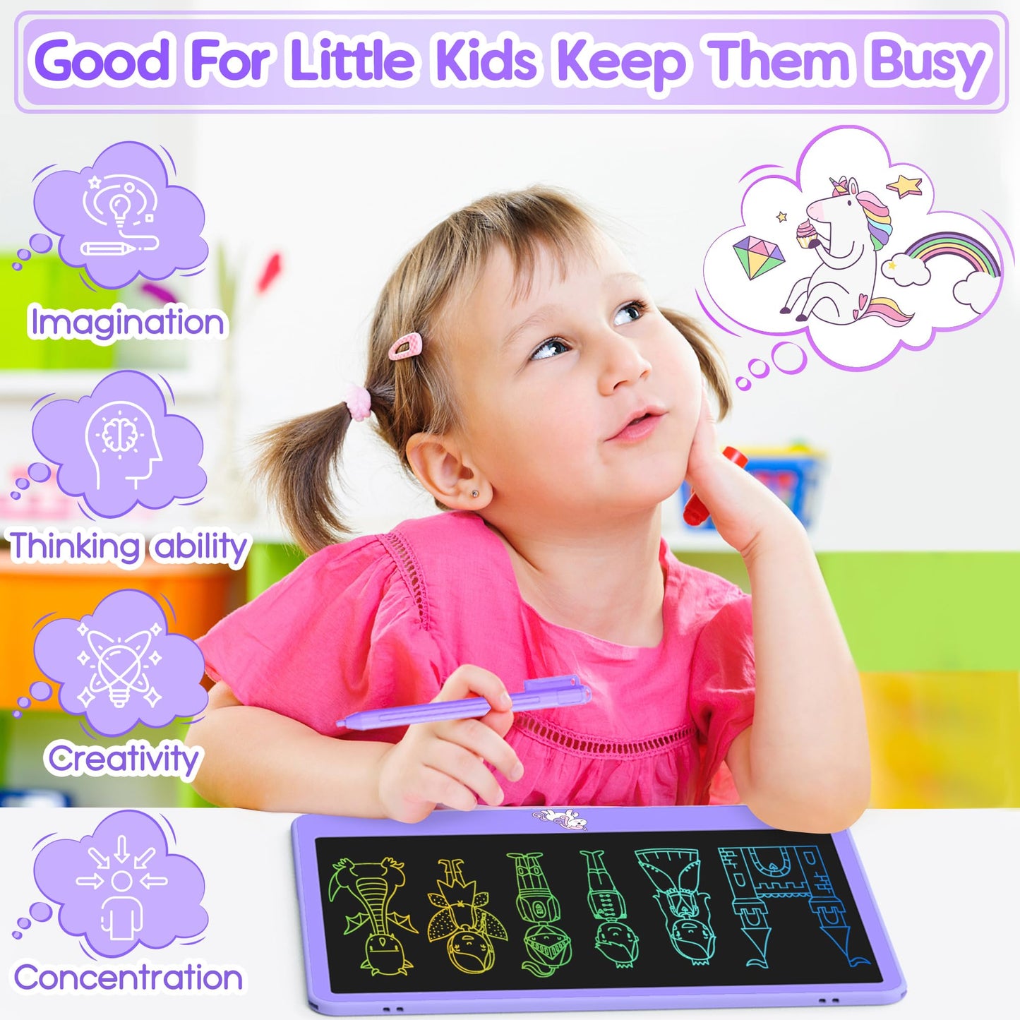 Hockvill Lcd Writing Tablet For Kids 12 Inch, Kids Learning Toys Drawing Pad For Girls Boys, Unicorn Doodle Board For Toddlers 3 4 5 6 7 8 Year Old Travel Essentials, Christmas Birthday For Kids