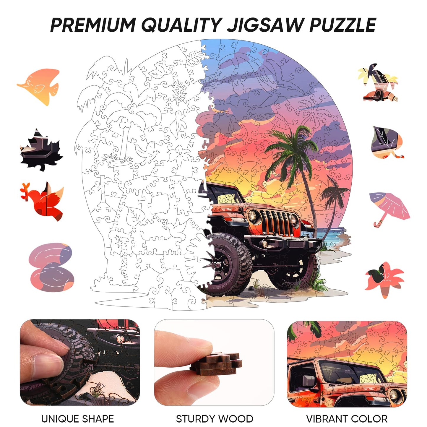 Wooden Jigsaw Puzzles-Seaside Car,200Pcs,12.4X11.4In,Medium,Wooden Puzzles For Adults,Unique Shape Animal Adult Puzzles,Irregula
