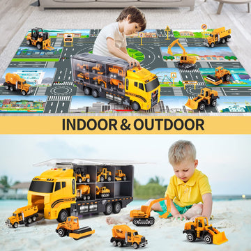 Toddler Toys for 3-9 Years Old Boys, Construction Toys Car Transport Vehicle W/Play Mat, Die-cast Alloy Engineering Vehicle Gift