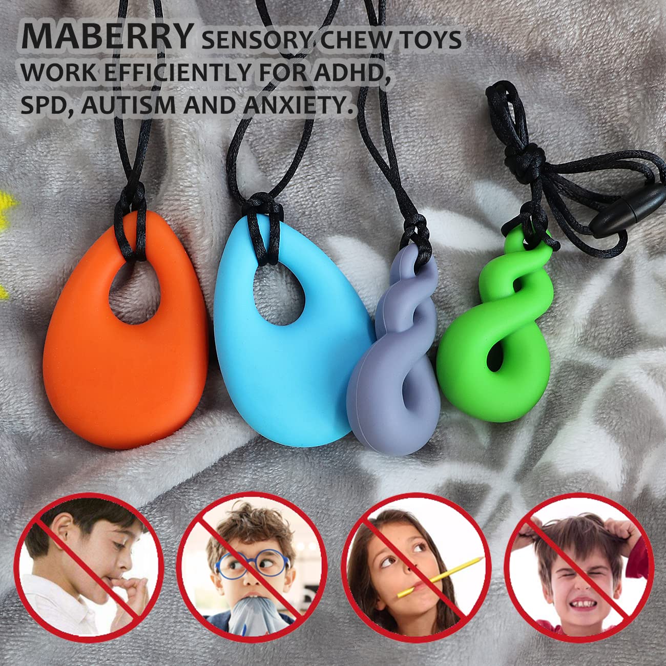 MaberryTech Chew Necklace for Sensory Kids & Adults, 4 Pcs BPA-Free Silicone Toys, Colorful Chewy Fidget for ADHD/Autism/SPD/Anxiety