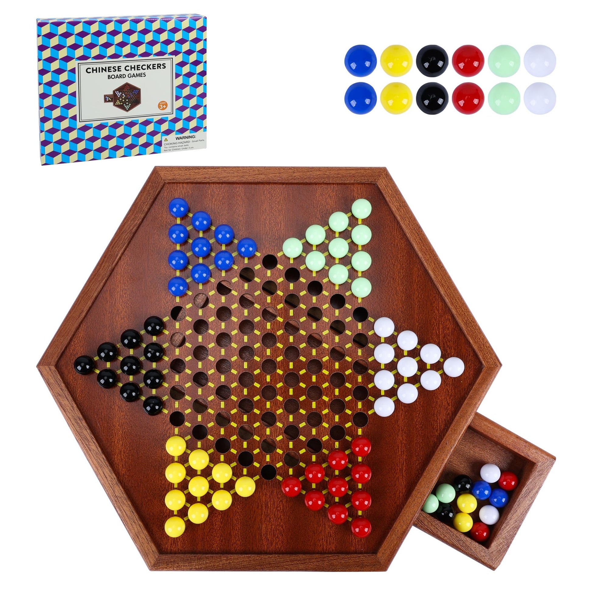 Offelec Wooden Chinese Checkers Set with Storage Drawer  13 inches Upgraded Version Game Board  60+12 Glass Marbles in 6 Colors  Classic Strategy Games for mature-themeds and Kids  Fun for Family Gathering