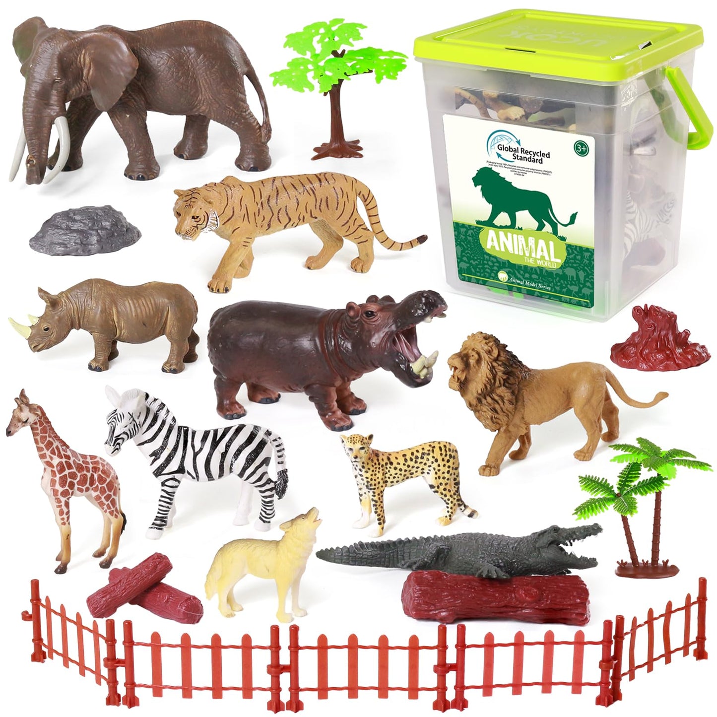 Biwase Safari Zoo Animals Figures Toys For Kids 3-5,Realistic Animal Figurines Playset With Fence For Toddlers, 22 Pcs African W