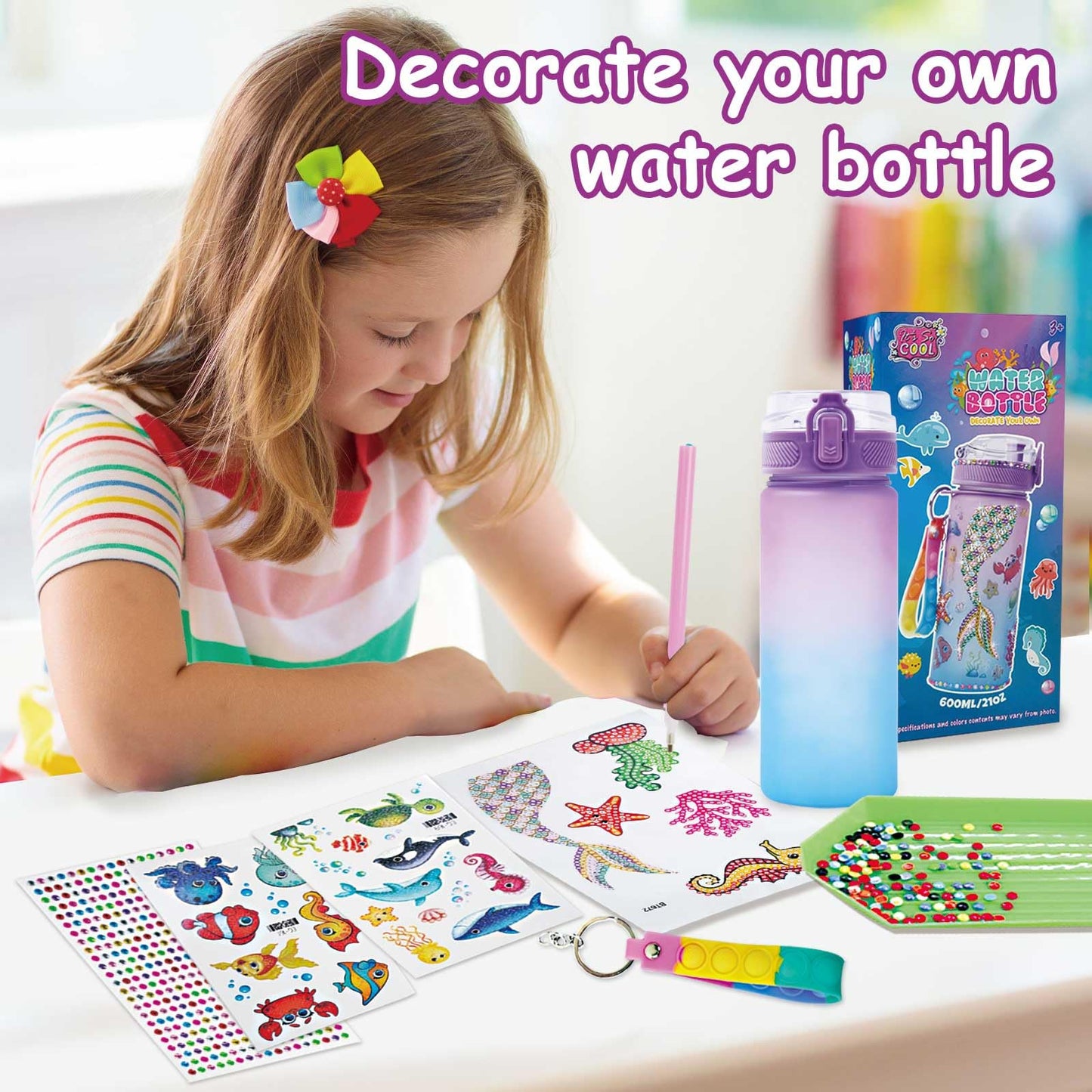 GZCY Mermaid Water Bottle Kit for Girls, DIY Diamond Painting Arts & Crafts, 600ml, Purple, Perfect Birthday Gift for Ages 3-10