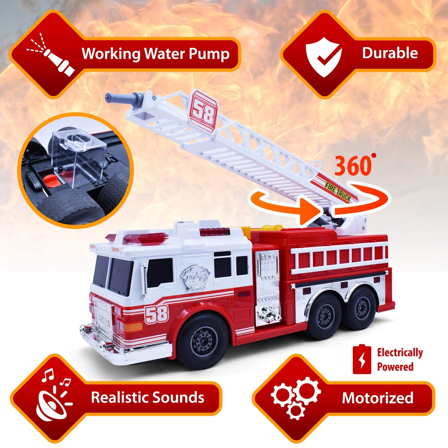 VEBO Motorized Fire Truck with Lights & Siren, 15" Rescue Ladder, Multicolor, Fun for Kids 3+ Years Old
