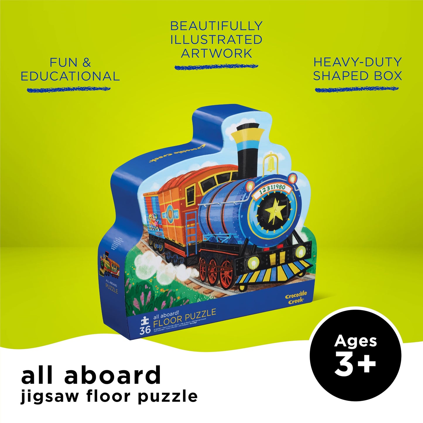 Crocodile Creek 36-Piece Jigsaw Floor Puzzle - All Aboard - Heavy-Duty Storage Box - 24" x 18" - Fun for Kids Ages 3-5