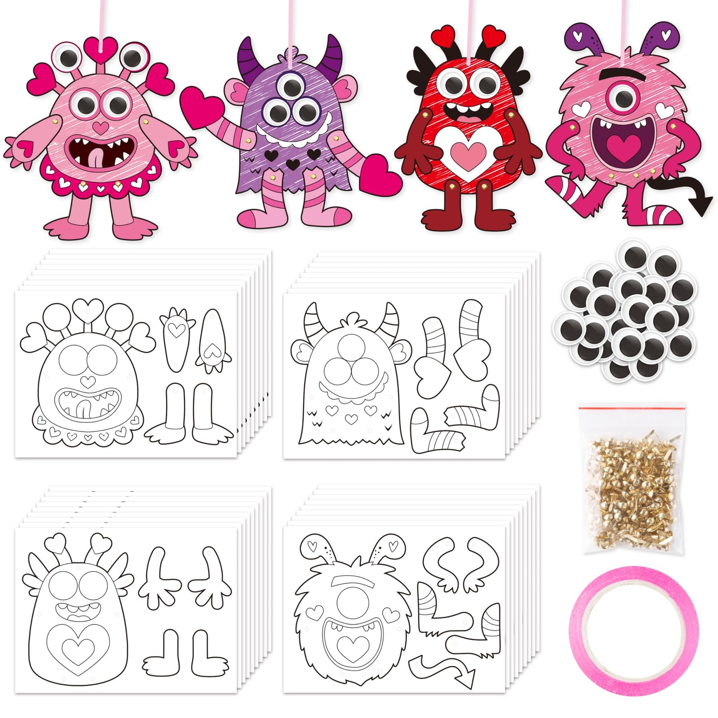 WATINC Valentines Day Monster Craft Kit - 36Pcs Color Your Own Movable Love Monster Hanging Ornament, DIY Valentines Day Monster