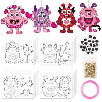 WATINC Valentines Day Monster Craft Kit - 36Pcs Color Your Own Movable Love Monster Hanging Ornament, DIY Valentines Day Monster