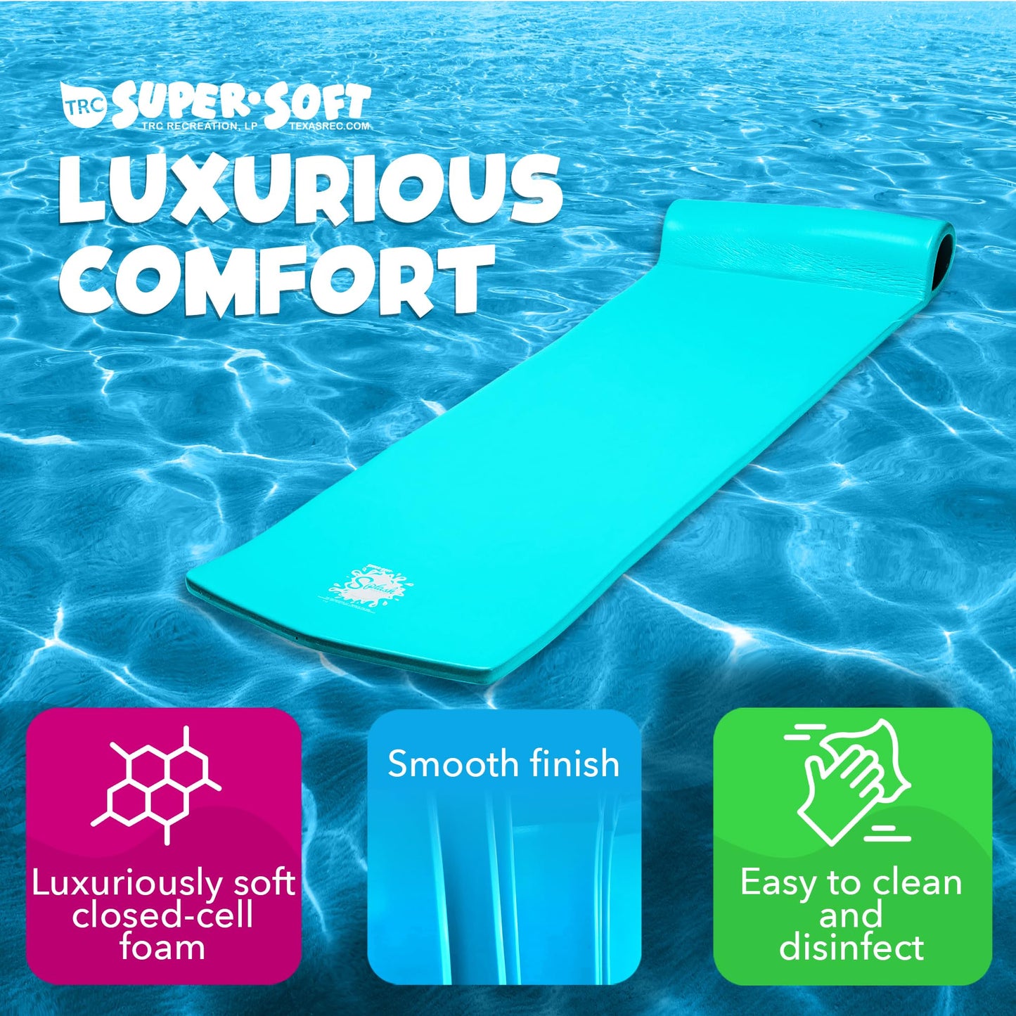 TRC Recreation Splash 1.25 Inch Thick Foam Swimming Pool Float Mat Large mature-themed Lounger with Built-in Roll Pillow  Tropical Teal