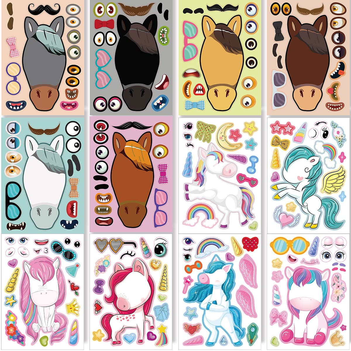 24 Sheets 8.27''  5.9'' Make Your Own Stickers For Kids Toddlers, Make A Face Stickers Mix And Match With Unicorns Dinosaur Hors