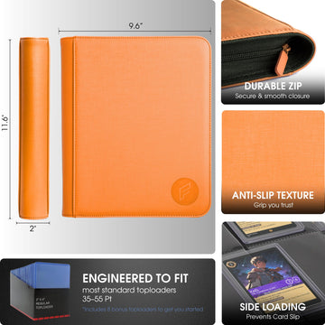 FORZAROCKET 4-Pocket Small Binder for Toploaders - Holds 112 Top Loaders  Ringless  Waterproof PU Leather  for Sports & Trading Cards (Orange)