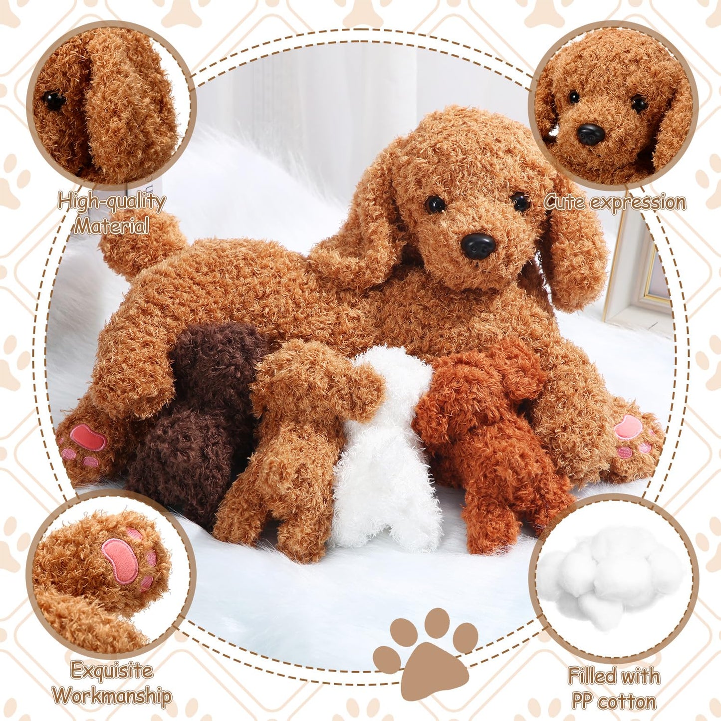Honoson Nurturing Dog Stuffed Animal with Puppies Set Nursing Mommy Dog Plush with 4 Baby Puppies Soft Cute Stuffed Plush Toys f