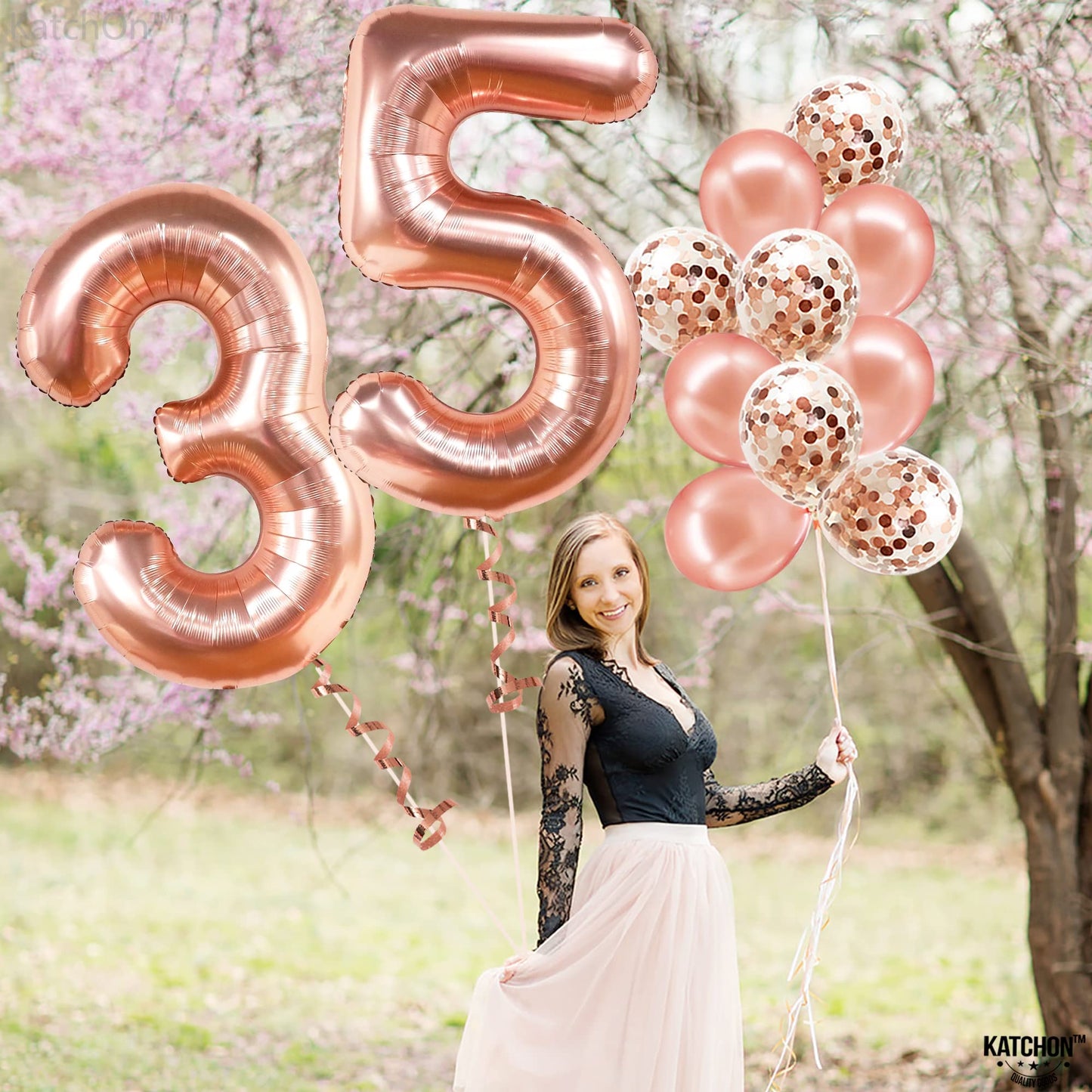 KatchOn Rose Gold 35 Balloon Numbers - 40 Inch Mylar Balloons for 35th Birthday Decorations