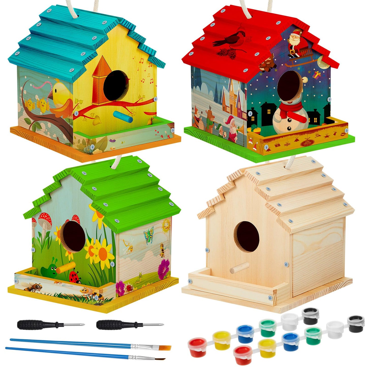 Juexica 4 Set DIY Birdhouse Kit Unfinished Bird House Painting Crafts for Kids with Paints and Paintbrushes Welcome Spring Gifts