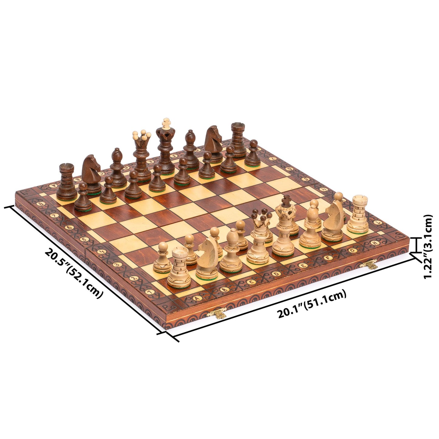 Husaria Wooden Chess Set - Ambassador, 21.7 Inch Large, Handcrafted Brown Chessmen, Felted Folding Board, Model SU-CH128-B