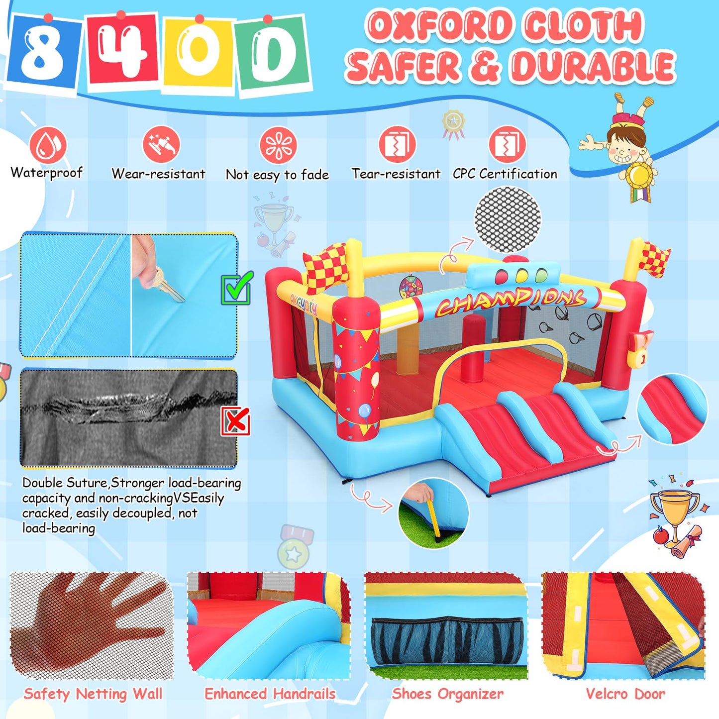 AKEYDIY Inflatable Obstacle Course Bounce House for Kids  13.12FT x 11.16FT Racing Party Bouncy House for Kids 3-12 w/Large Jumping Area  Basketball Hoop & Racing Slide  Target Toss Game  550W Blower