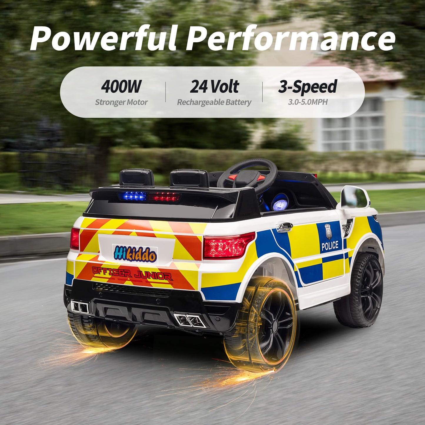 Hikiddo 24V Electric Police Ride-On Car For Kids, Ride-On Toy Kids Car W/Parental Remote Control, 2X200W Motors - White