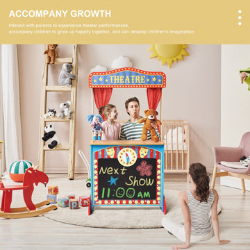 Chiuhei Deluxe Wooden Puppet Theater With Curtains, Blackboard And Clock, Double-Sided Play Store 3-8Y & Kid Puppet Show Theater