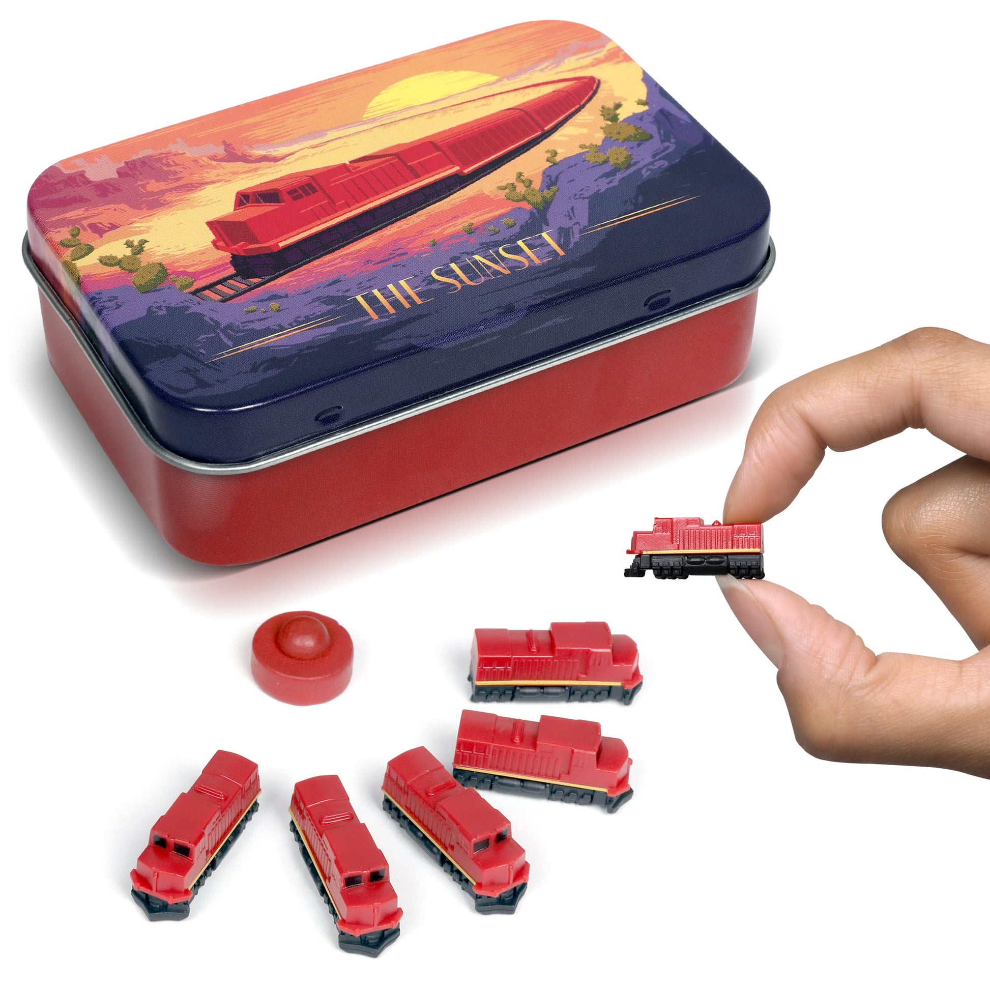 Sunset Deluxe Board Game Train Set | Player Pieces for Ticket to Ride and Other mature-themed  Family  and Kids Train Board Games | Upgraded Miniatures (Red)