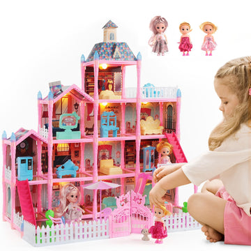 Randhar Doll House For Girls With Lights, 3 Dolls, 4 Floors -13 Rooms, 7 Sets Of Furniture And Accessories, Design And Build Gif