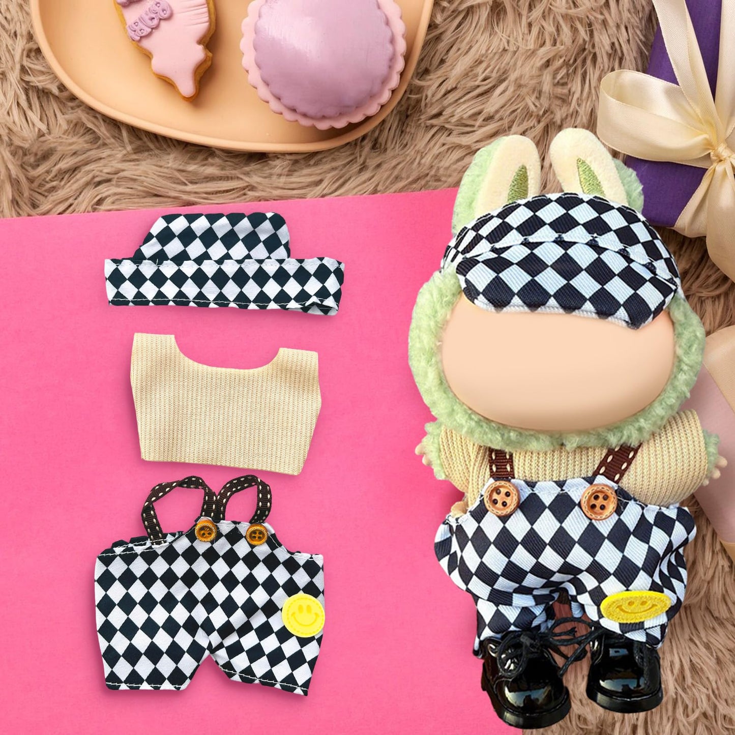 17cm Doll Clothes Labubu Clothes for 6.7inch(17cm) Dolls enhanced Doll Outfit with Hat and Accessories(Clothes Only) (Black White Beige)