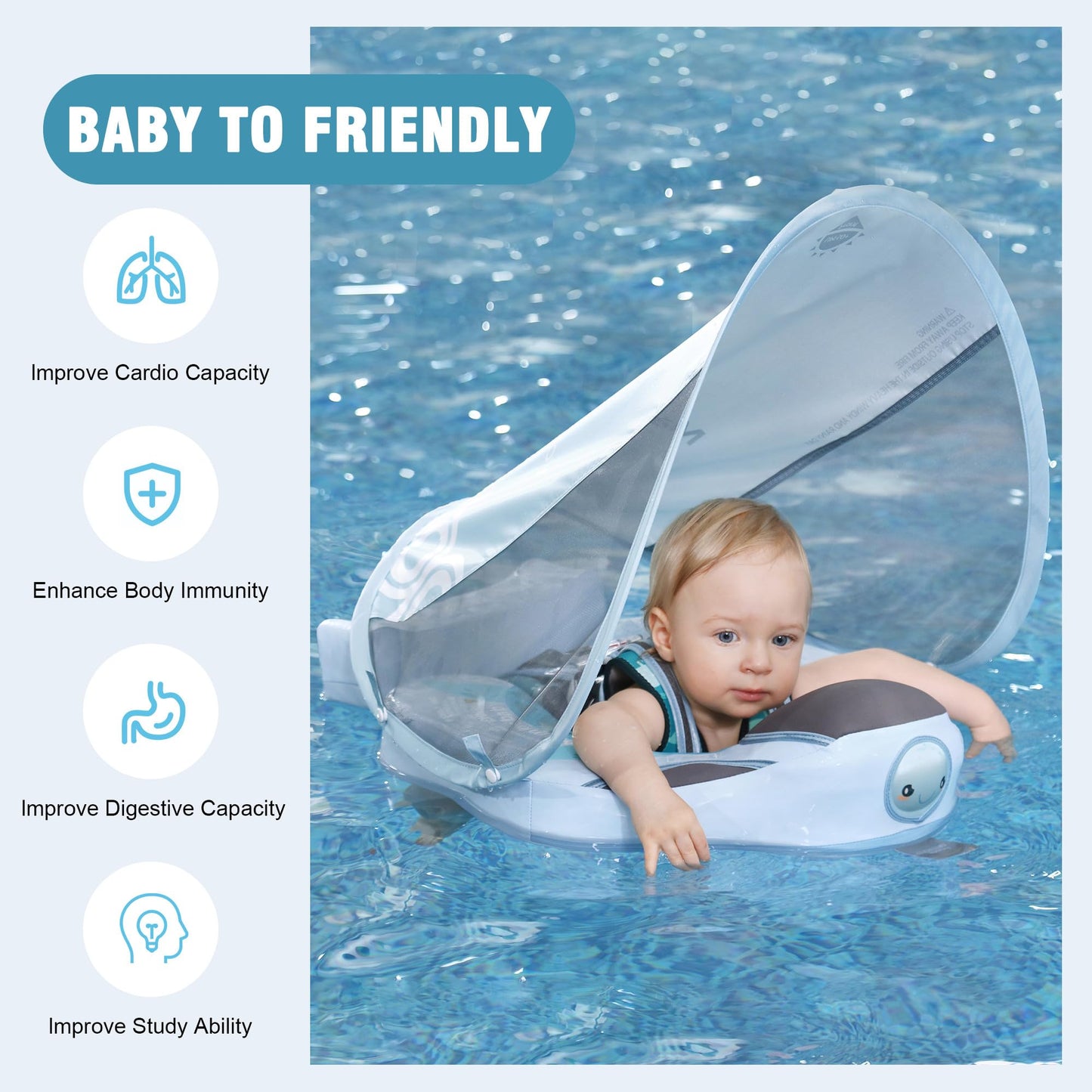 Mambobaby Baby Pool Float with Removable Sun Canopy - Non Inflatable Infant Swim Float with Anti-Flip Tail Design, Waterproof &