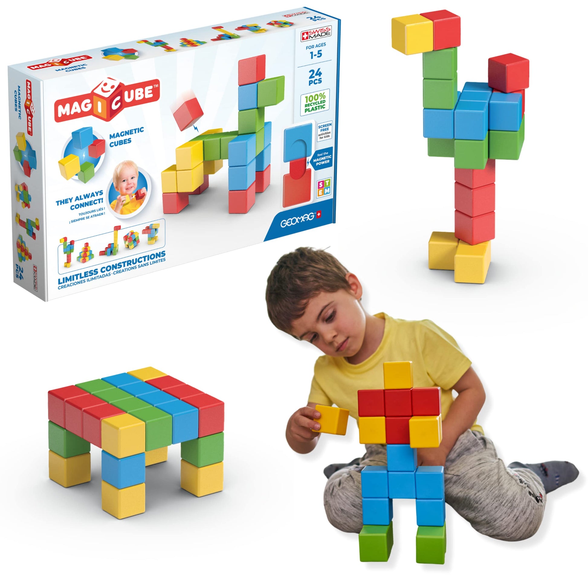 Geomag Magnetic Blocks | 24 Pieces 1.57 inch Large Blocks for Toddlers 1-3 | STEM Preschool Educational Building Cube Set for Cr