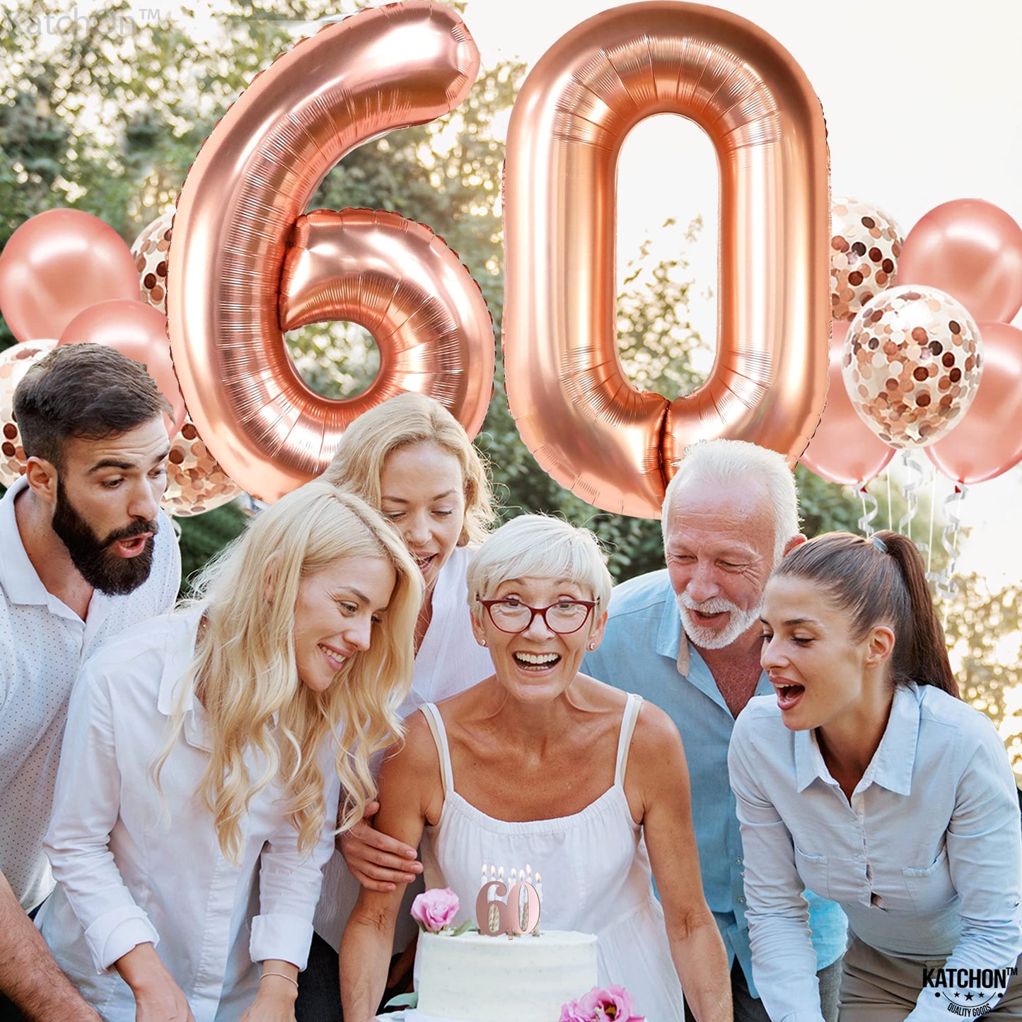 KatchOn Big Rose Gold Number 60 Balloon - 40 Inch Mylar Foil for Birthday & Anniversary Decorations, Confetti Included