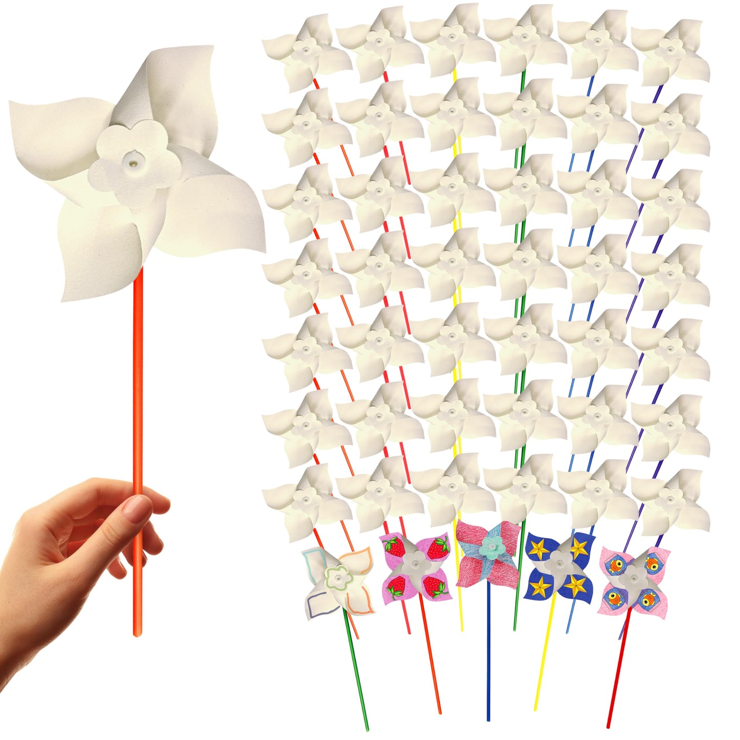 4Es Novelty DIY Pinwheels Craft for Kids (48 Pack) Color Your Own White Pinwheels, Bulk Summer Spring Craft Kit for Boys & Girl