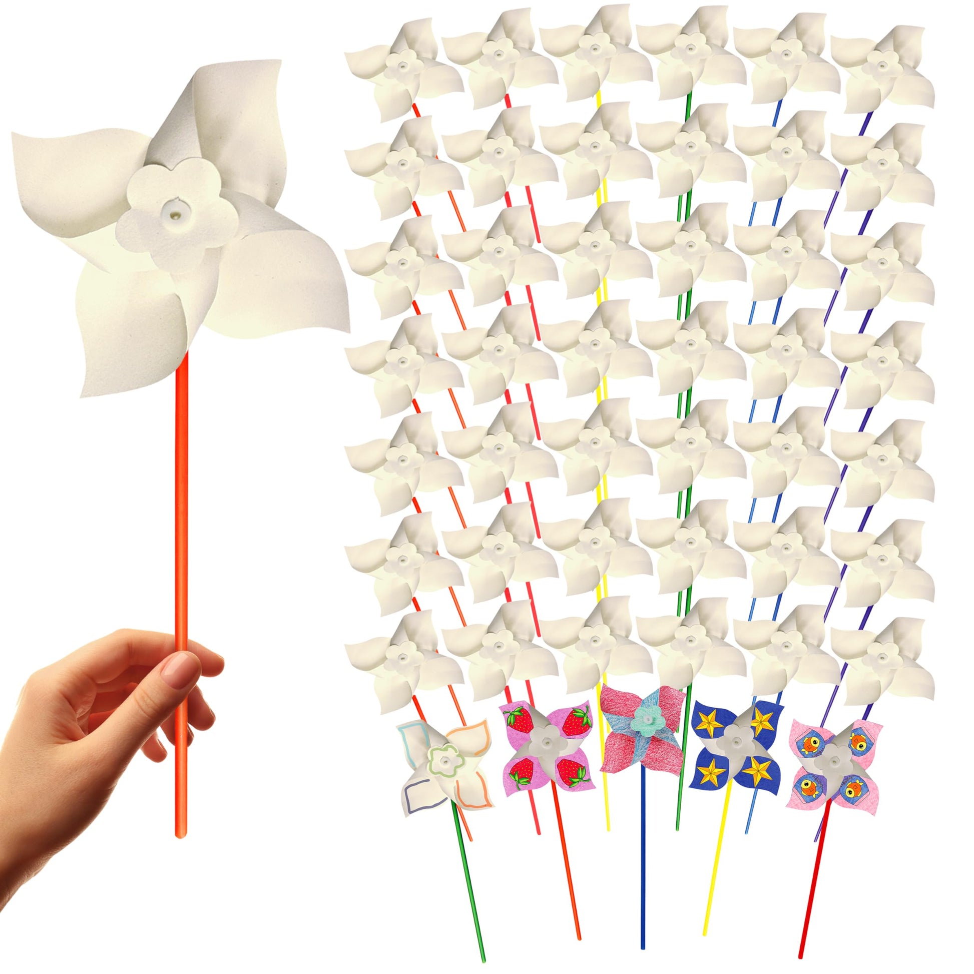 4Es Novelty DIY Pinwheels Craft for Kids (48 Pack) Color Your Own White Pinwheels, Bulk Summer Spring Craft Kit for Boys & Girl