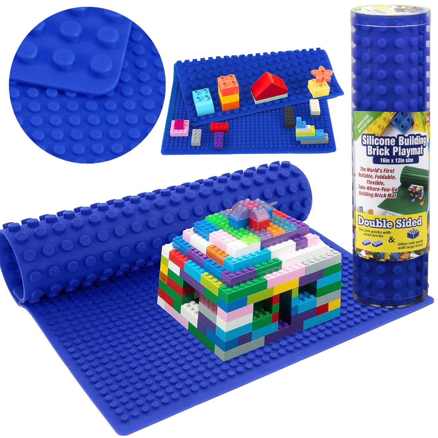 SCS Direct Brick Building Blocks Silicone Playmat - 16 Rollable and Portable Two Sided playmat for Activity Table - Compatible with and Tight fit with All Major Building Blocks Brands  Kids Gift