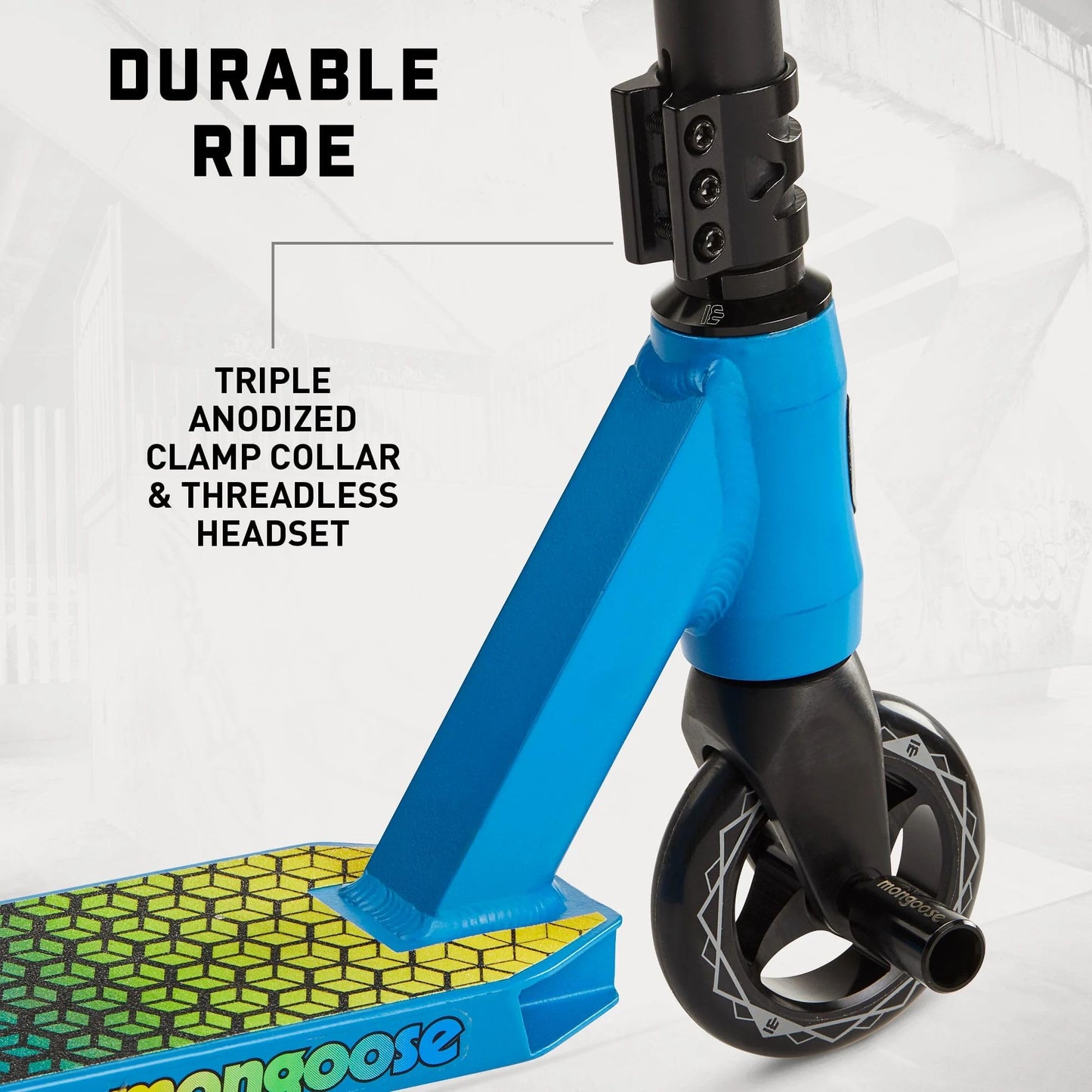 Mongoose Rise 110 advanced Freestyle Stunt Trick Scooter  Lightweight Alloy Deck & Heavy-Duty Frame Up to 220 lbs.  Bike-Style Grip  Wheel Pegs Included  Blue/Yellow