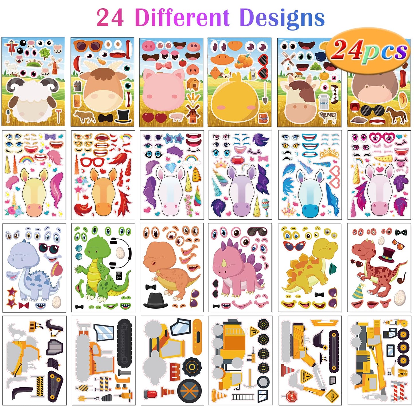 24 Sheets Make A Face Sticker Sheets For Kids Todders Activities, Make Your Own Stickers With Unicorns Dinosaur Construction And